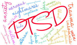 word cloud with PTSD terms on white background